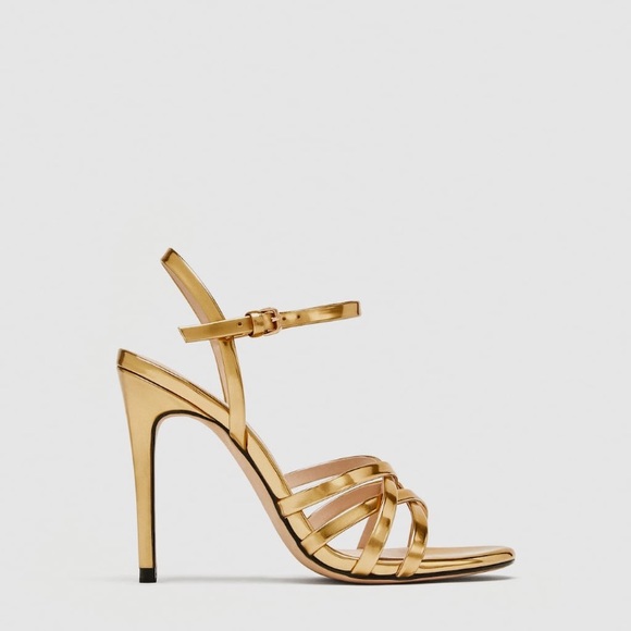NWT • Zara • Laminated Gold Strappy Sandals - Picture 1 of 8